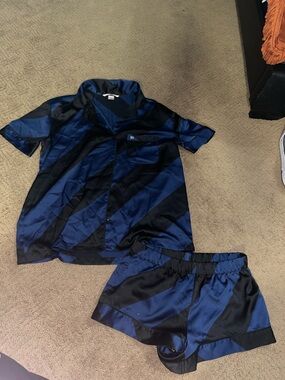 Blue and Black Striped Silky Short Pajama Set